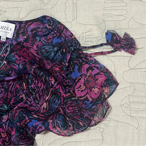 NWT MISA Colette Midi Flutter Sleeve Dress Floral  Ruched Size XS Flora Electric - Picture 7 of 11